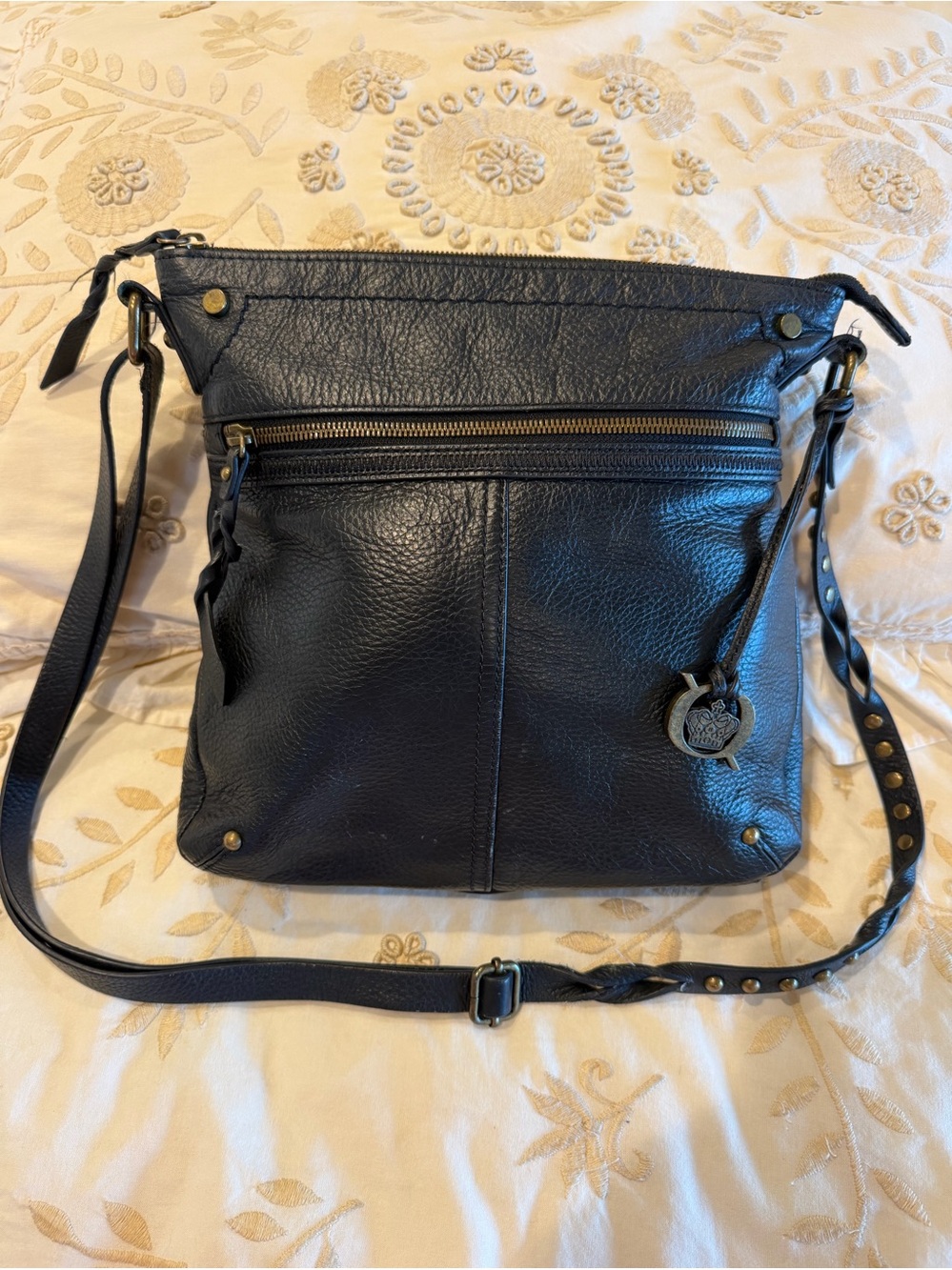 Born Black Leather Crossbody Bag with Studded Adjustable Strap